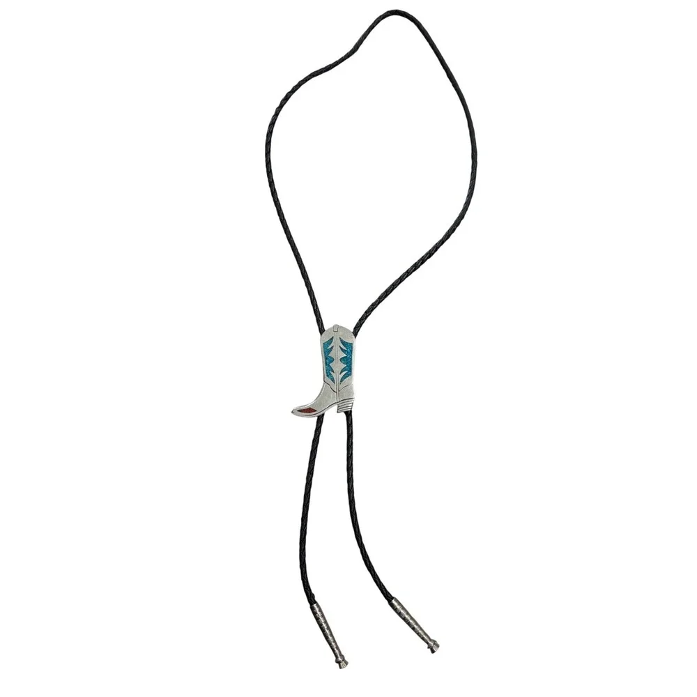 EGE Vintage Western Bolo Tie Cowboy Boot‎ Turquoise Inlay Silver Tone Black Cord